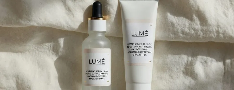 Serumflesje en crèmetube op linnen, met scherp leesbare etiketten