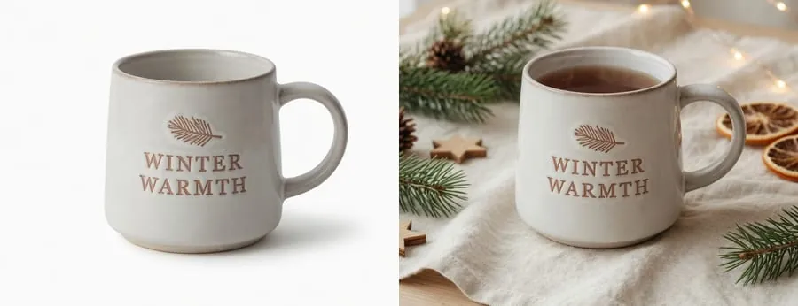 Dezelfde mok twee keer: links een witte packshot, rechts een sfeerfoto met dennentakken