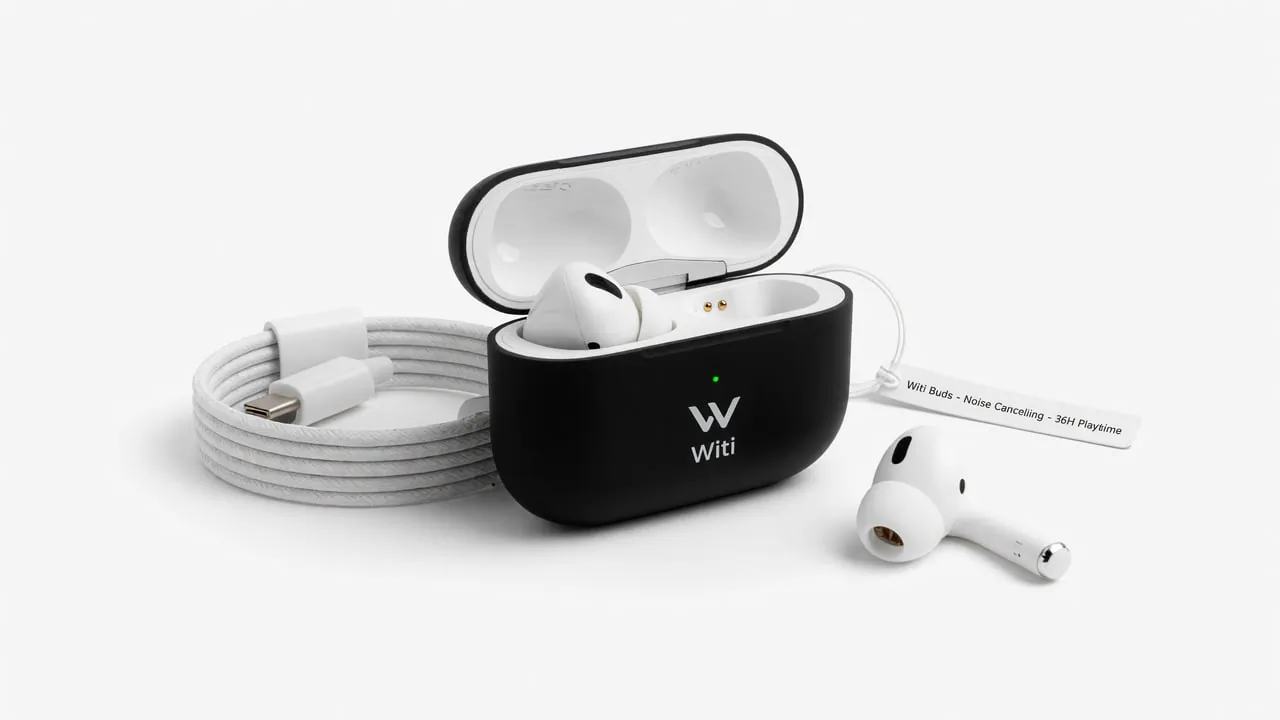 Witte studio-packshot van oordopjes met oplaadcase en kabel